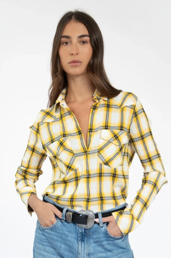 MADE Yellow western plaid snap shirt